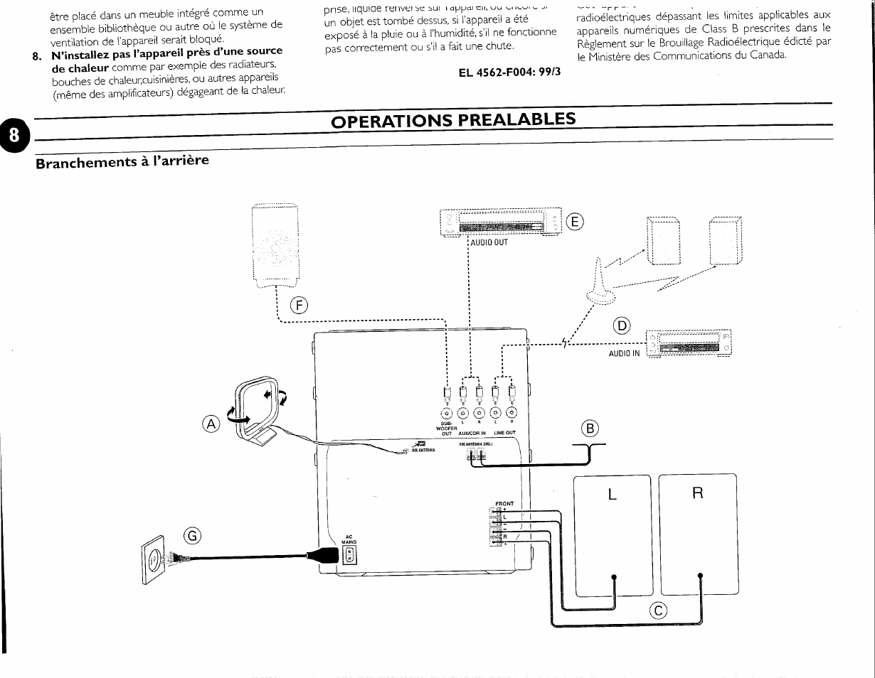 El 4562-f004: 99/3, Branchements à l’arrière, Operations prealables | Philips FW-M55 User Manual | Page 45 / 98