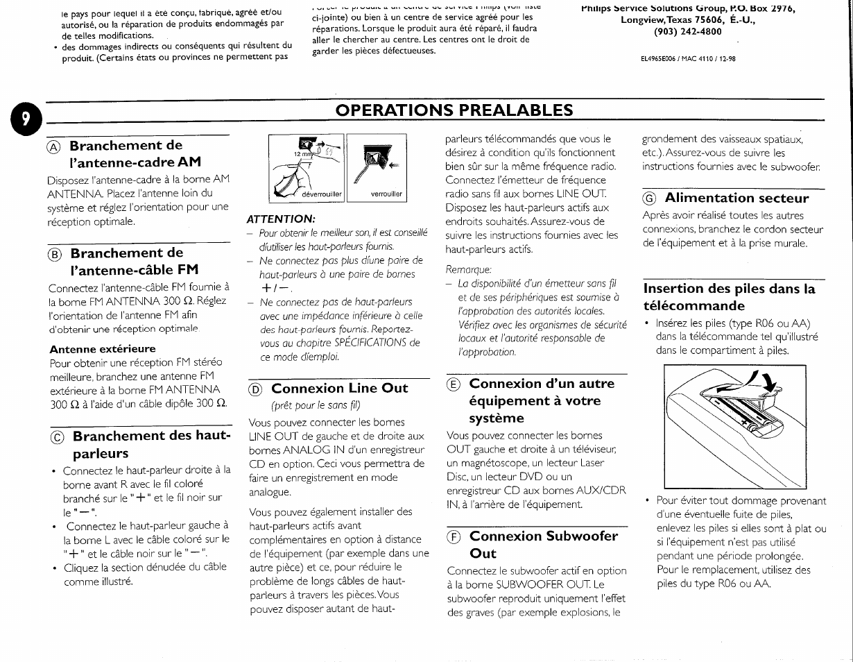 Antenne extérieure, Operations prealables, Branchement de l’antenne-cadre am | G) branchement de l’antenne-câble fm, C) branchement des haut- parleurs, Connexion line out, D connexion d’un autre équipement à votre système, Connexion subwoofer out, 0 alimentation secteur, Insertion des piles dans la télécommande | Philips FW-M55 User Manual | Page 46 / 98