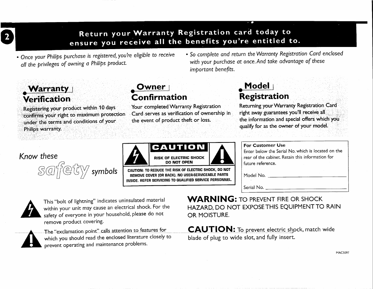 Warranty i verification, Owner i confirmation, Model | Registration, Model ! registration, Warning, Caution, Know these symbols | Philips FW-M55 User Manual | Page 5 / 98