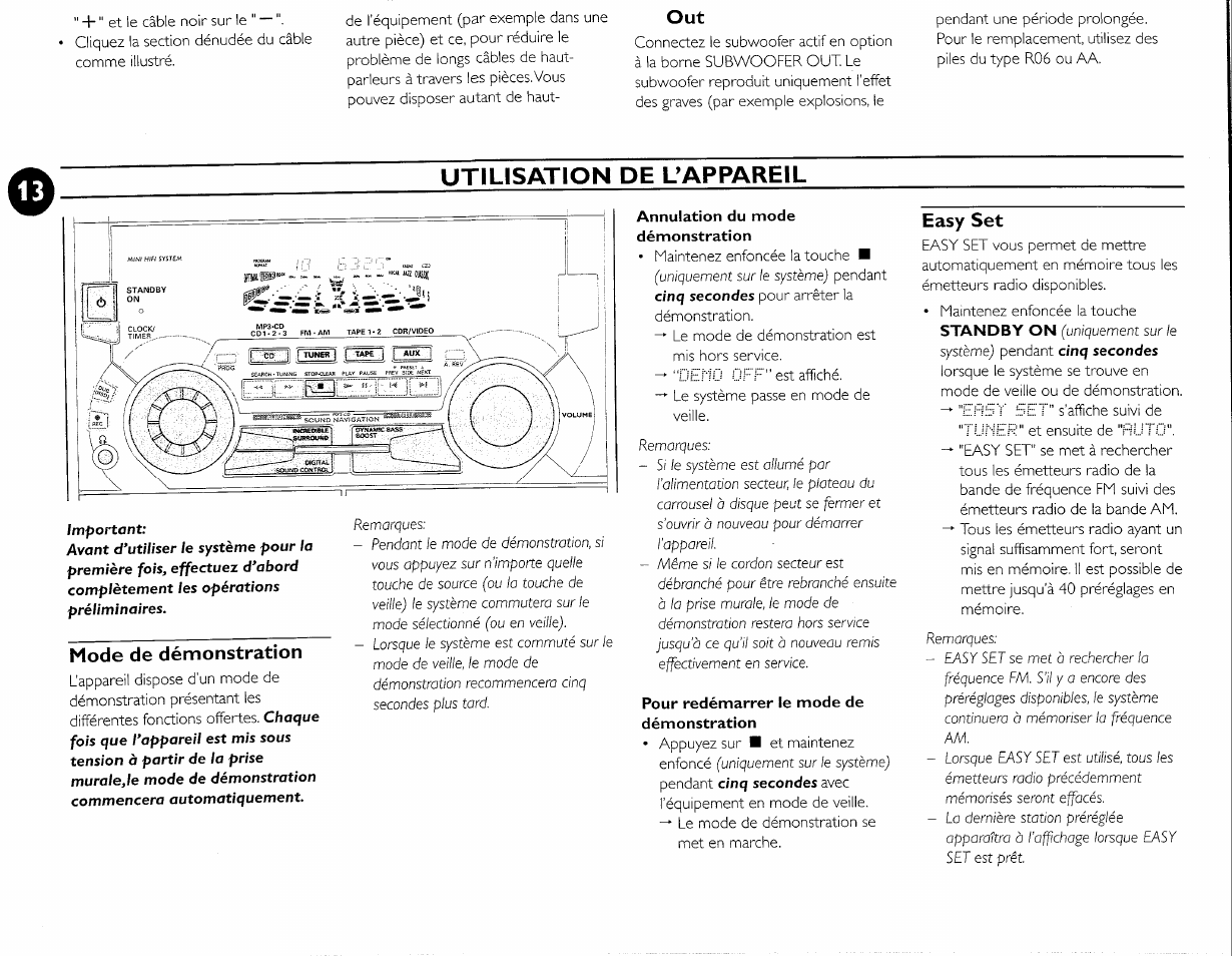 Mode de démonstration, Annulation du mode, Pour redémarrer le mode de | Easy set, Utiusation de l’appareil | Philips FW-M55 User Manual | Page 50 / 98