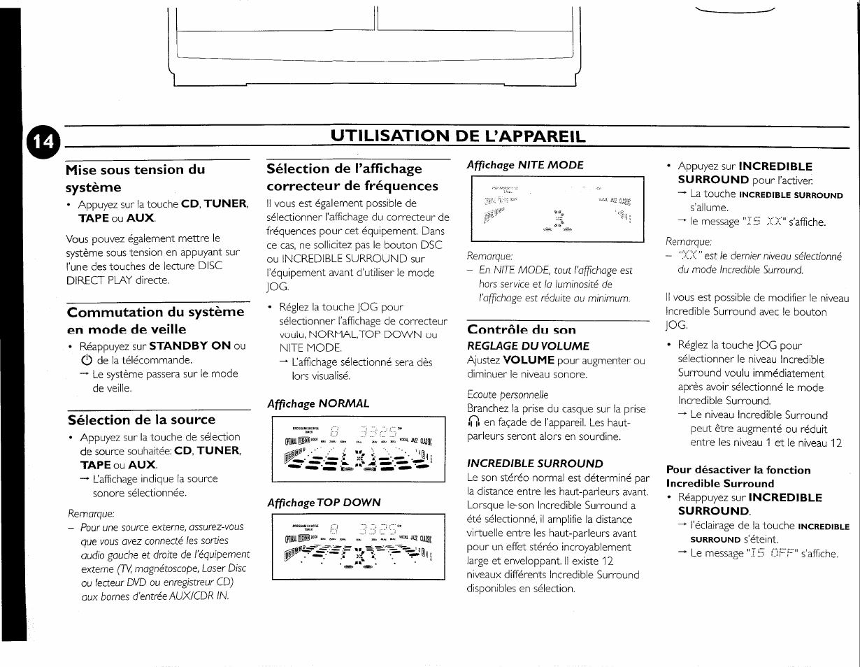 Mise sous tension du système, Commutation du système en mode de veille, Sélection de la source | Sélection de l’affichage correcteur de fréquences, Contrôle du son, Pour désactiver la fonction incredible surround, Utilisation de l’appareil | Philips FW-M55 User Manual | Page 51 / 98