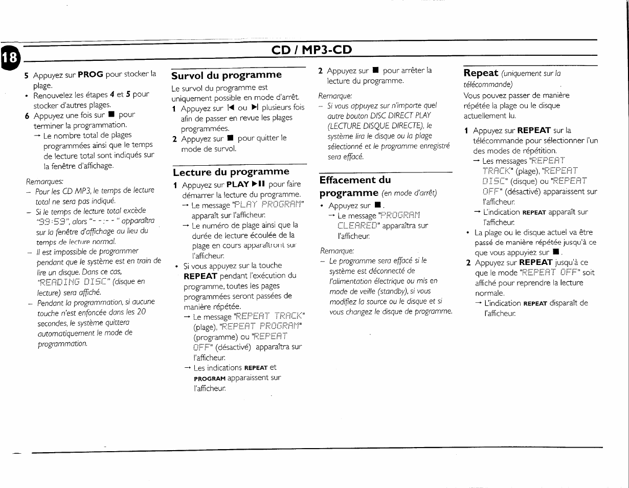 Survol du programme, Lecture du programme, Effacement du programme (en mode d'arrêt) | Cd / mp3-cd, Effacement du programme, Repeat | Philips FW-M55 User Manual | Page 55 / 98