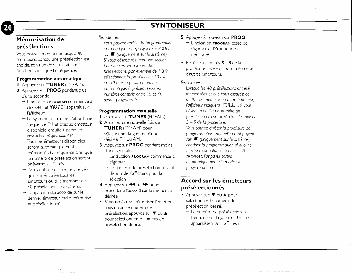 Mémorisation de présélections, Accord sur les émetteurs présélectionnés, Syntoniseur | Philips FW-M55 User Manual | Page 57 / 98