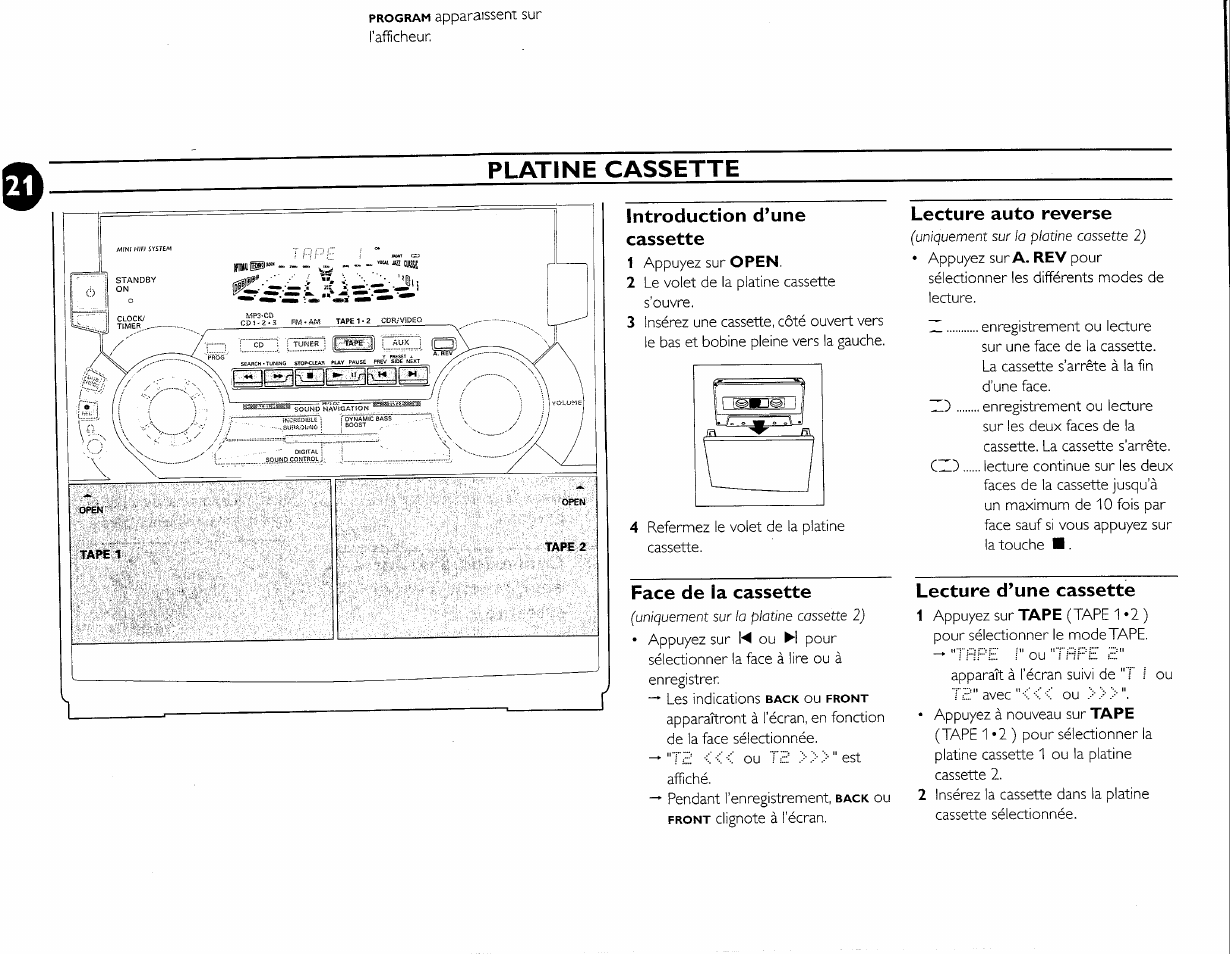 Introduction d’une cassette, Face de la cassette, Lecture auto reverse | Lecture d’une cassette, Irsssifes, Platine cassette | Philips FW-M55 User Manual | Page 58 / 98