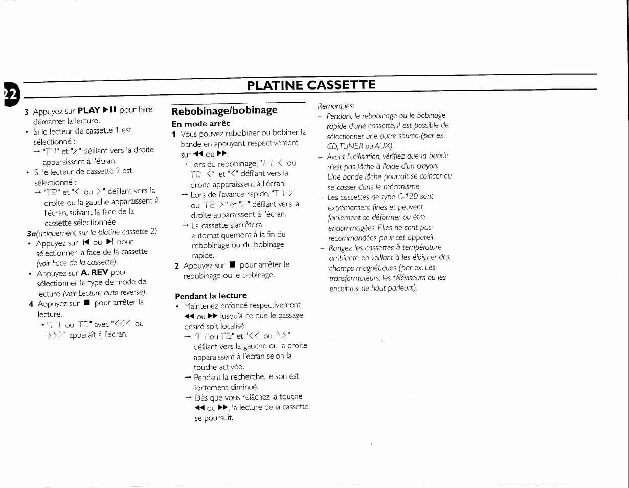 Rebobinage/bobinage, En mode arrêt, Pendant la lecture | Platine cassette | Philips FW-M55 User Manual | Page 59 / 98