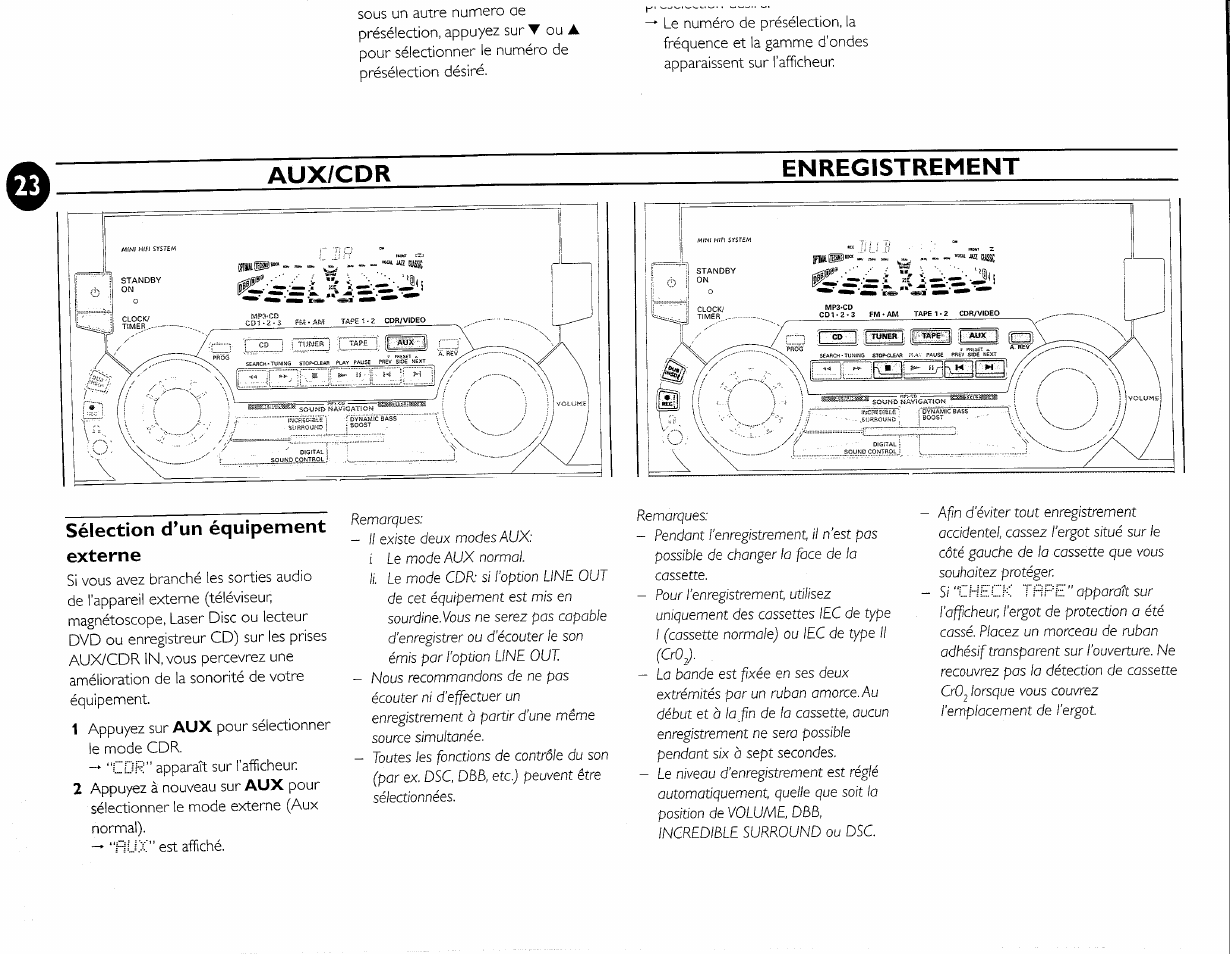 Sélection d’un équipement externe, Aux/cdr enregistrement | Philips FW-M55 User Manual | Page 60 / 98