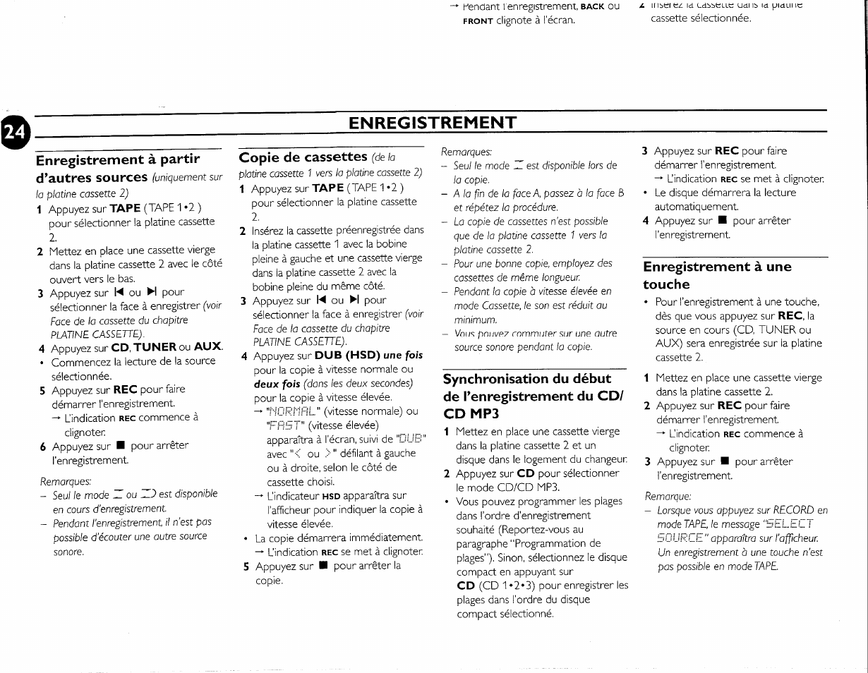 Enregistrement à partir, D’autres sources (uniquement sur, Copie de cassettes (de la | Enregistrement à une touche, Enregistrement, Enregistrement à partir d’autres sources, Copie de cassettes | Philips FW-M55 User Manual | Page 61 / 98