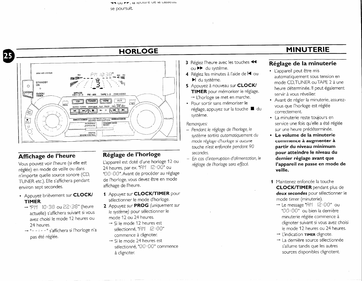 Affichage de l’heure, Réglage de l’horloge, Réglage de la minuterie | Horloge minuterie | Philips FW-M55 User Manual | Page 62 / 98
