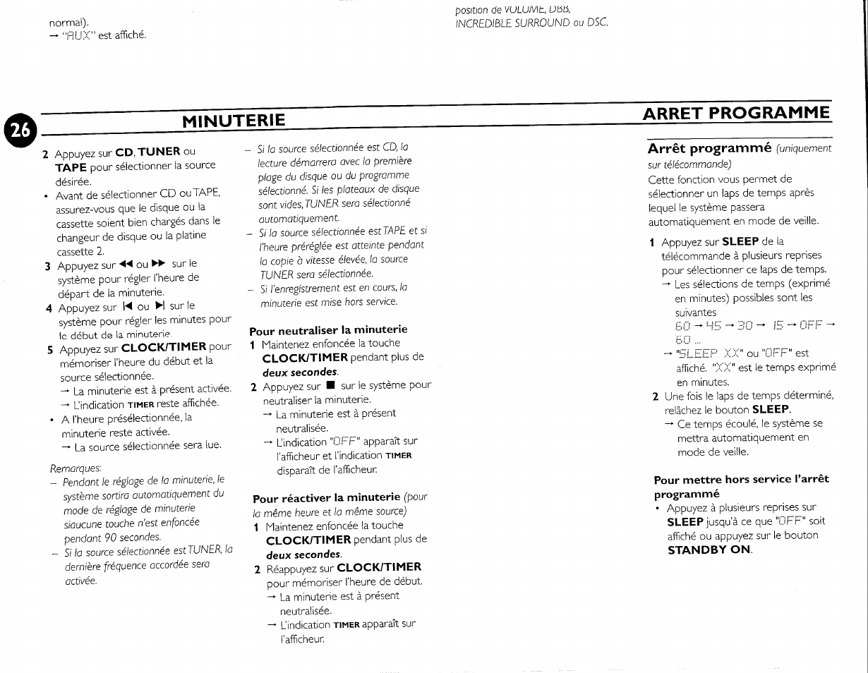 Pour neutraliser la minuterie, Pour réactiver la minuterie (pour, Pour mettre hors service l’arrêt | Minuterie arret programme, Arrêt programmé | Philips FW-M55 User Manual | Page 63 / 98