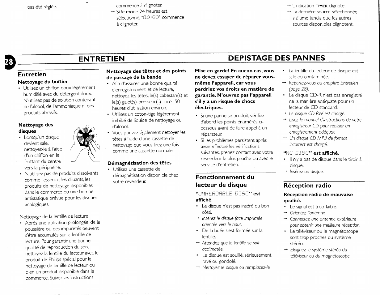 Entretien, Nettoyage des, Nettoyage des têtes et des points | Démagnétisation des têtes, Fonctionnement du lecteur de disque, Est affiché, Réception radio, Entretien depistage des pannes | Philips FW-M55 User Manual | Page 65 / 98