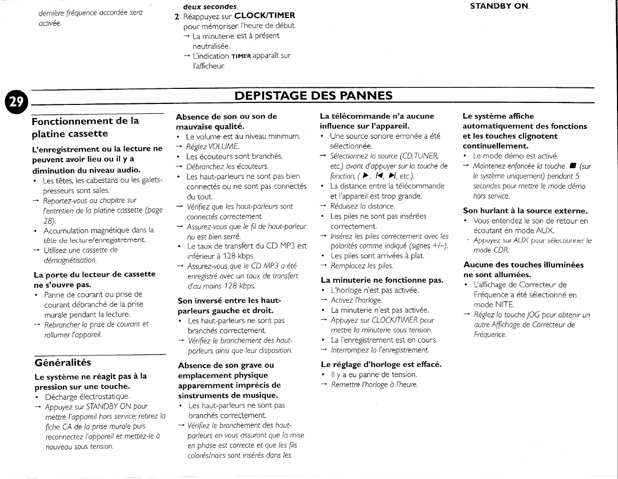 Fonctionnement de la platine cassette, Généralités, Absence de son ou son de mauvaise qualité | Son hurlant à la source externe, Aucune des touches illuminées ne sont allumées, Depistage des pannes | Philips FW-M55 User Manual | Page 66 / 98