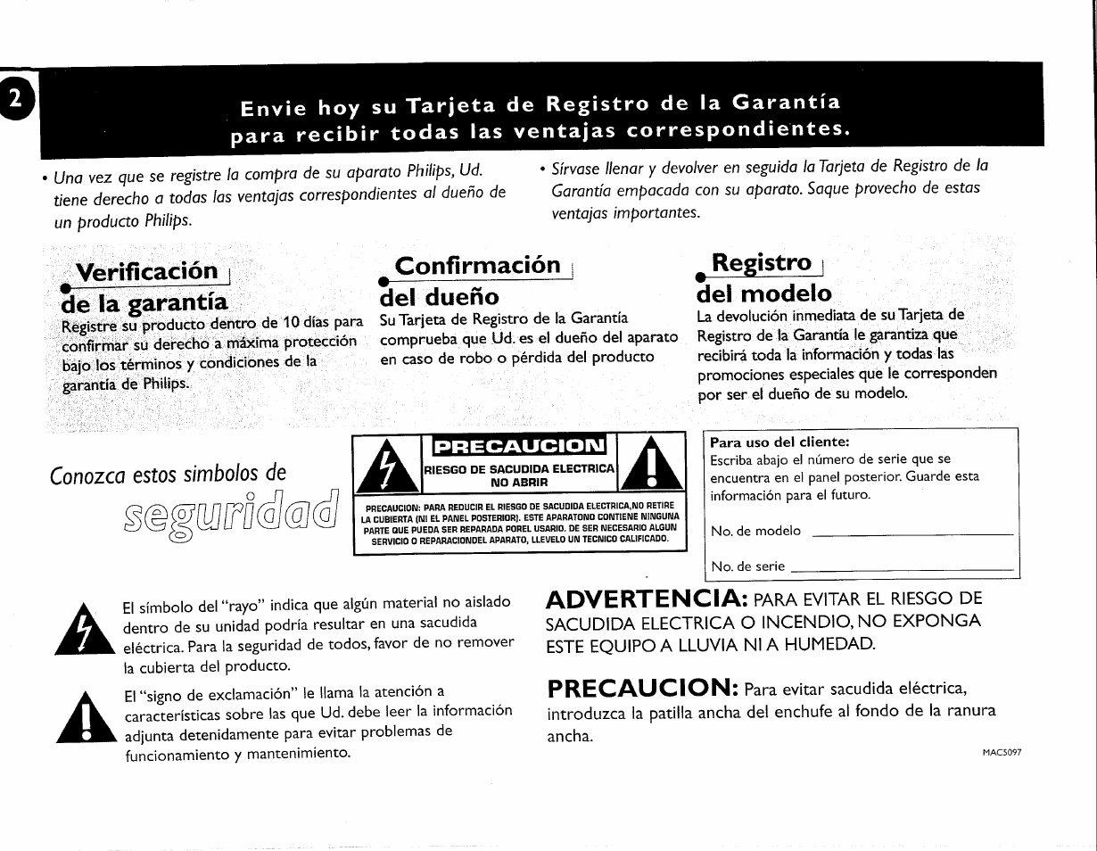 Verificación | de la garantía, Confirmación i del dueño, Registro i del modelo | Advertencia, Precaucion | Philips FW-M55 User Manual | Page 70 / 98