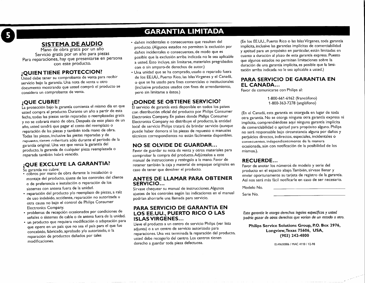 Sistema de audio, Garantía limitada | Philips FW-M55 User Manual | Page 73 / 98