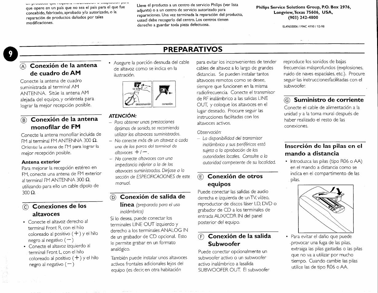 Antena exterior, Preparativos, Conexión de la antena de cuadro de am | Conexión de la antena monofilar de fm, C) conexiones de los altavoces, Conexión de salida de línea, D conexión de otros equipos, 0 conexión de la salida subwoofer, Suministro de corriente, Inserción de las pilas en el mando a distancia | Philips FW-M55 User Manual | Page 77 / 98