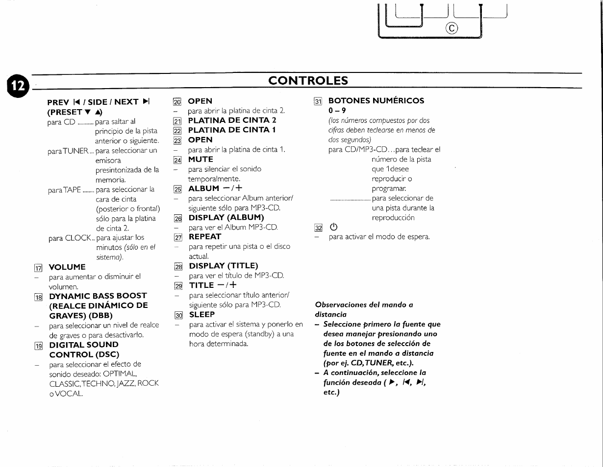 Prev !◄ / side / next ►! (preset t, 0 volume, Ql digital sound control (dsc) | Open, Display (title), S3 botones numericos 0-9, Controles | Philips FW-M55 User Manual | Page 80 / 98