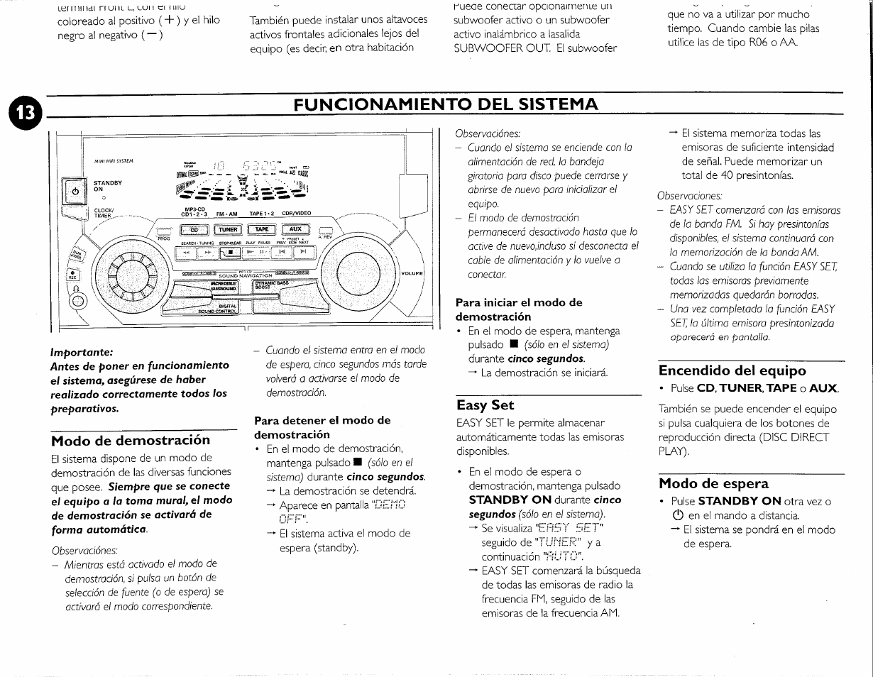 Modo de demostración, Para detener el modo de demostración, Para iniciar el modo de | Easy set, Encendido del equipo, Modo de espera, Funcionamiento del sistema | Philips FW-M55 User Manual | Page 81 / 98