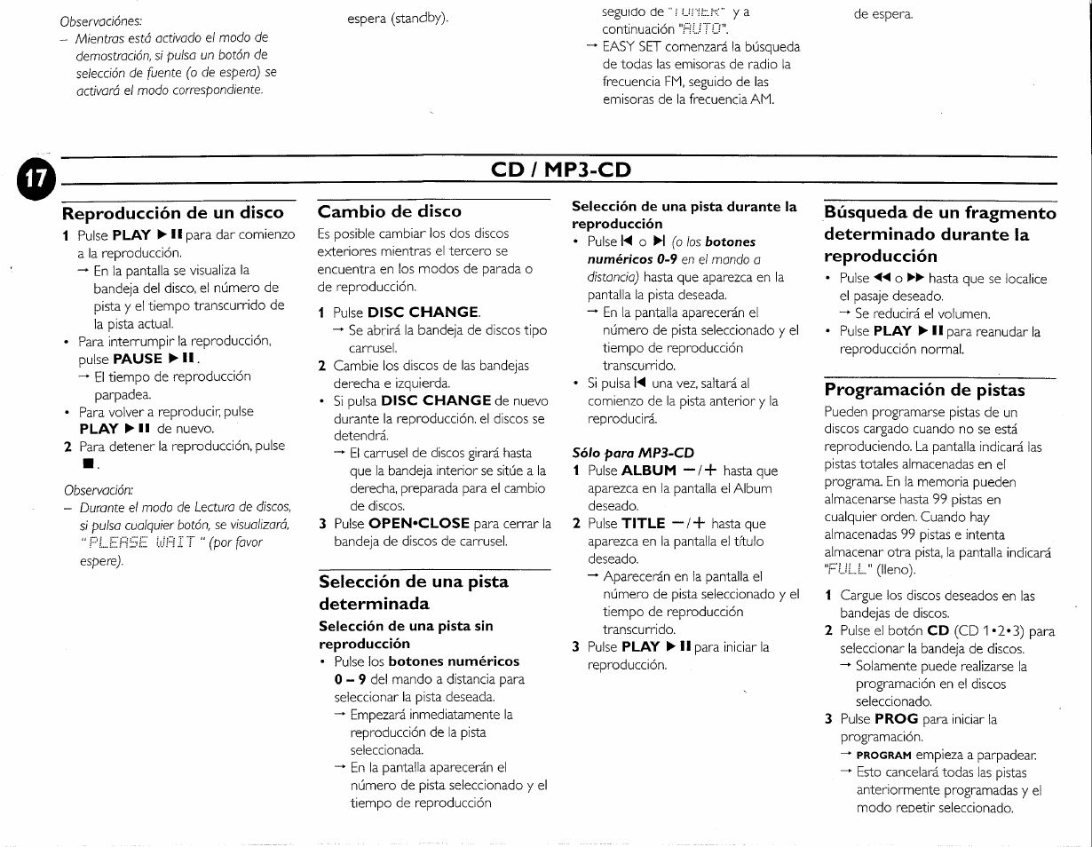 Reproducción de un disco, Cambio de disco, 1 pulse disc chance | Selección de una pista determinada, Selección de una pista durante la, Programación de pistas, Cd/mp3-cd | Philips FW-M55 User Manual | Page 85 / 98