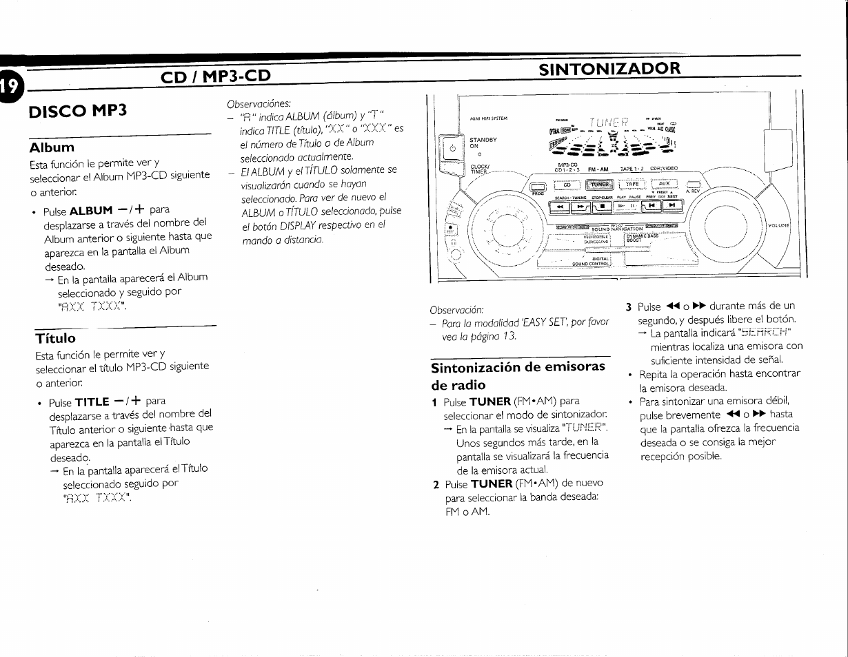 Album, Título, Sintonización de emisoras de radio | Cd/mp3-cd sintonizador disco mp3 | Philips FW-M55 User Manual | Page 87 / 98