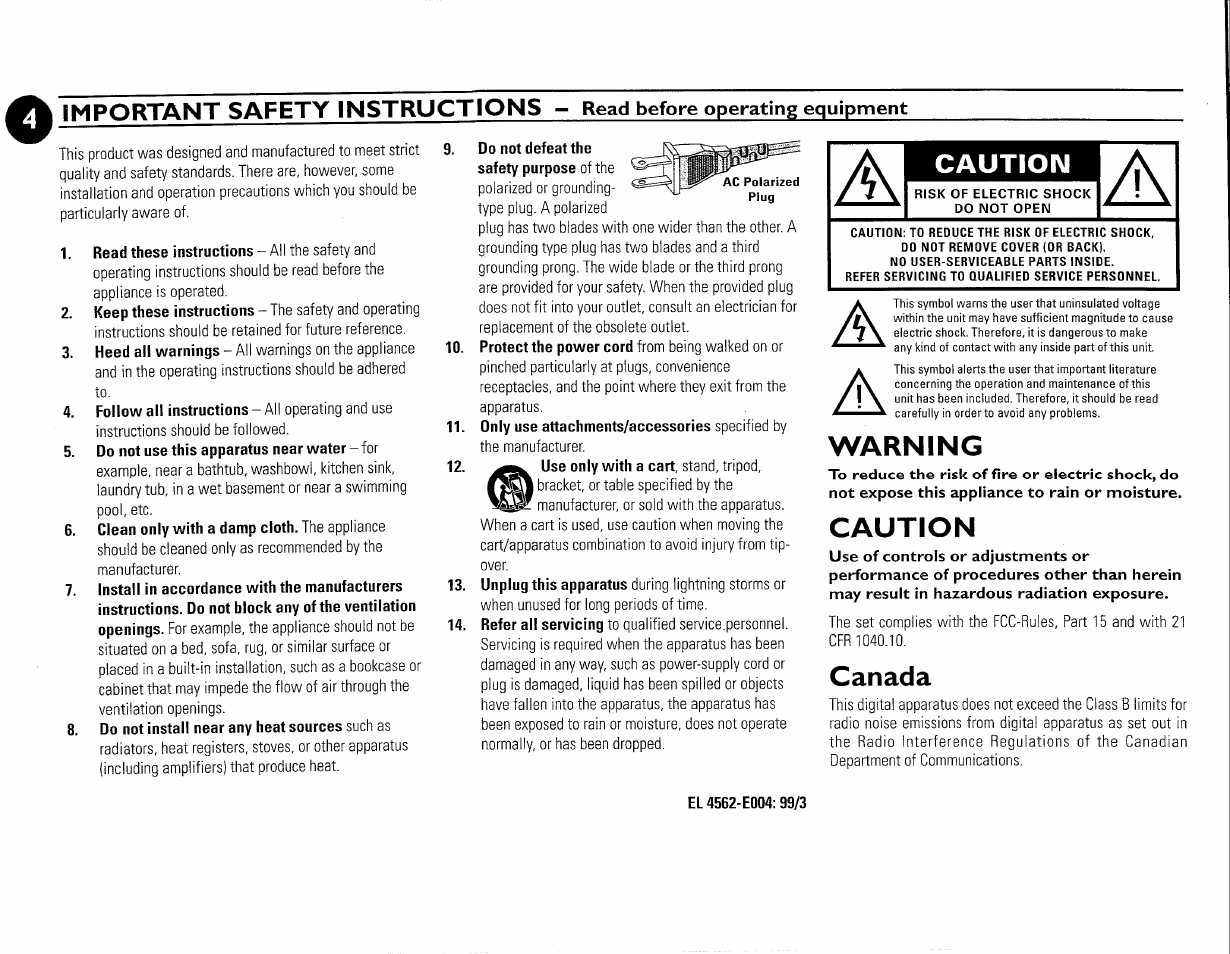 Do not use this apparatus near water - for, Do not defeat the safety purpose of the, Caution | Warning, Canada, El 4562-e004:99/3, Important safety instructions | Philips FW-M55 User Manual | Page 9 / 98