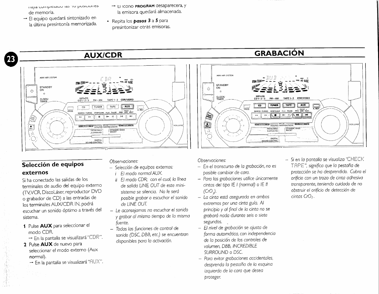 Selección de equipos externos, Aux/cdr grabacion | Philips FW-M55 User Manual | Page 91 / 98