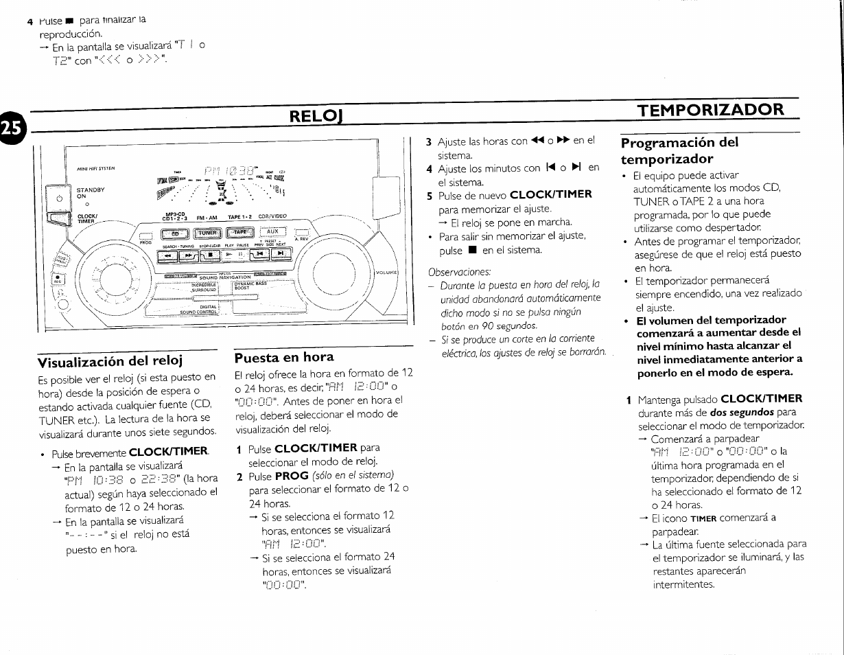 Visualización del reloj, Puesta en hora, Programación del temporizador | Reloj tempomzador | Philips FW-M55 User Manual | Page 93 / 98