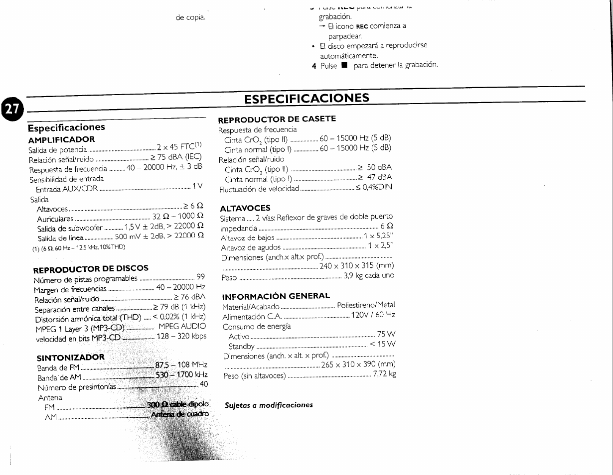 Especificaciones, Cable | Philips FW-M55 User Manual | Page 95 / 98