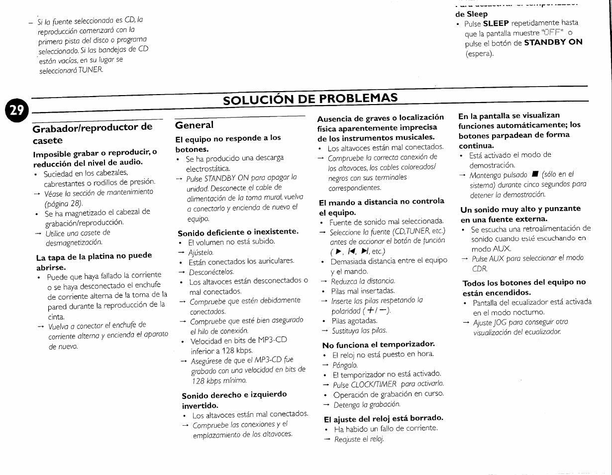De sleep, Grabador/reproductor de casete, La tapa de la platina no puede abrirse | General, Sonido deficiente o inexistente, El mando a distancia no controla el equipo, Todos los botones del equipo no están encendidos, Solucion de problemas | Philips FW-M55 User Manual | Page 97 / 98