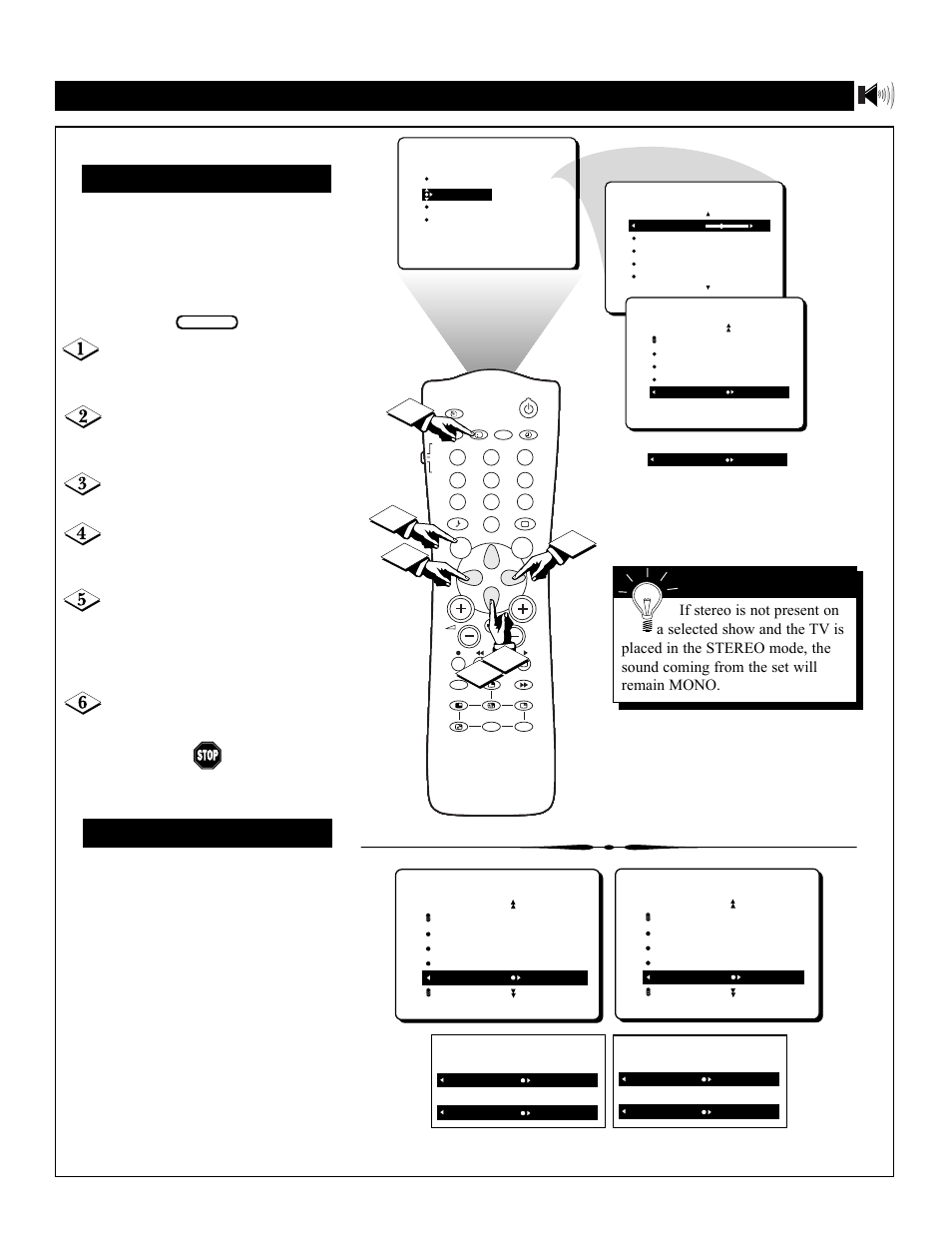 Etting the, Tereo and, Sap) | Sound menu • stereo and sap (second audio program), Mart | Philips Magnavox 55P8241 User Manual | Page 33 / 54