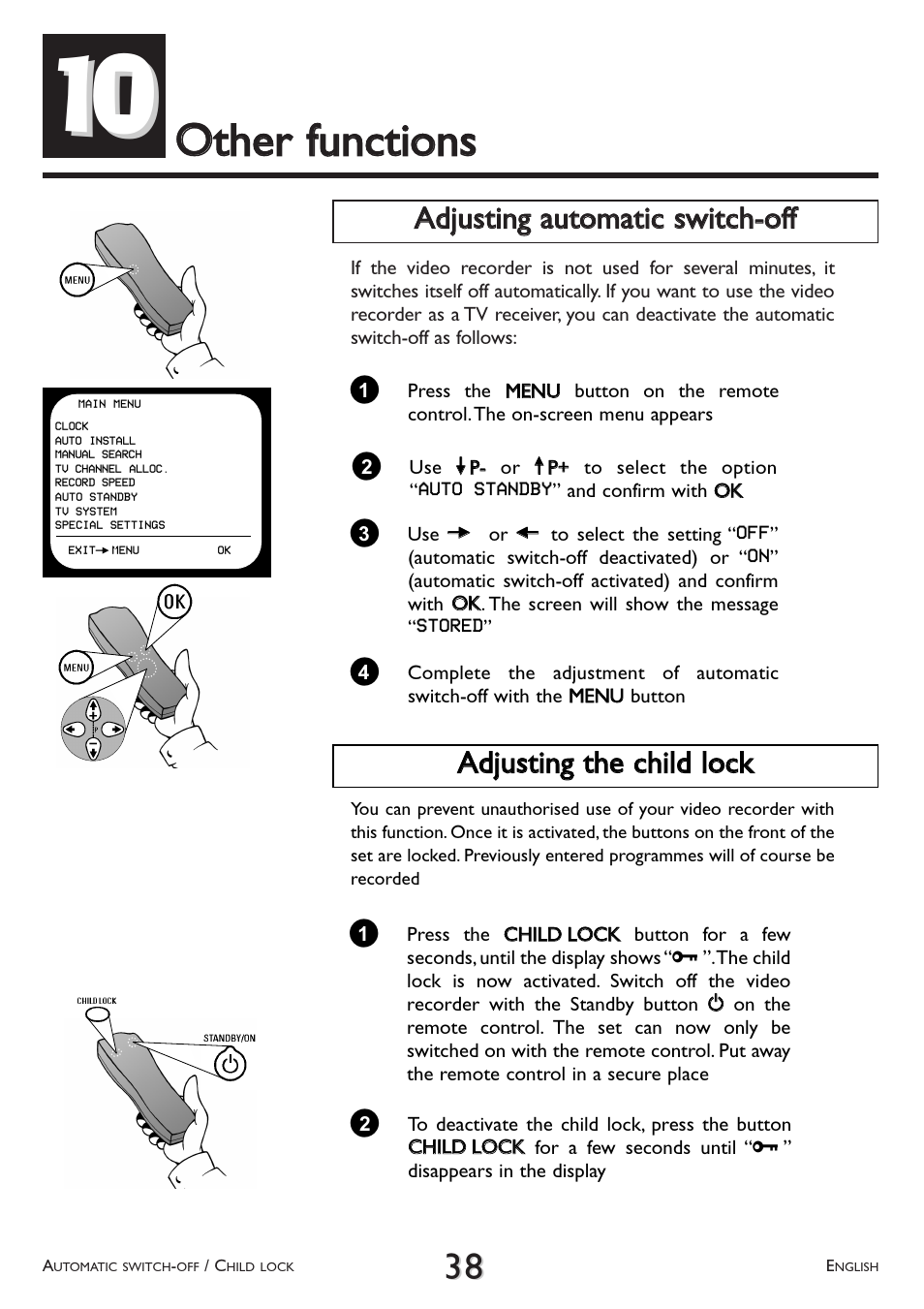 Other, Functions, Ootthheerr ffuunnccttiioonnss | Aaddjjuussttiinngg tthhee cchhiilldd lloocckk | Philips VR 617/07 User Manual | Page 38 / 52