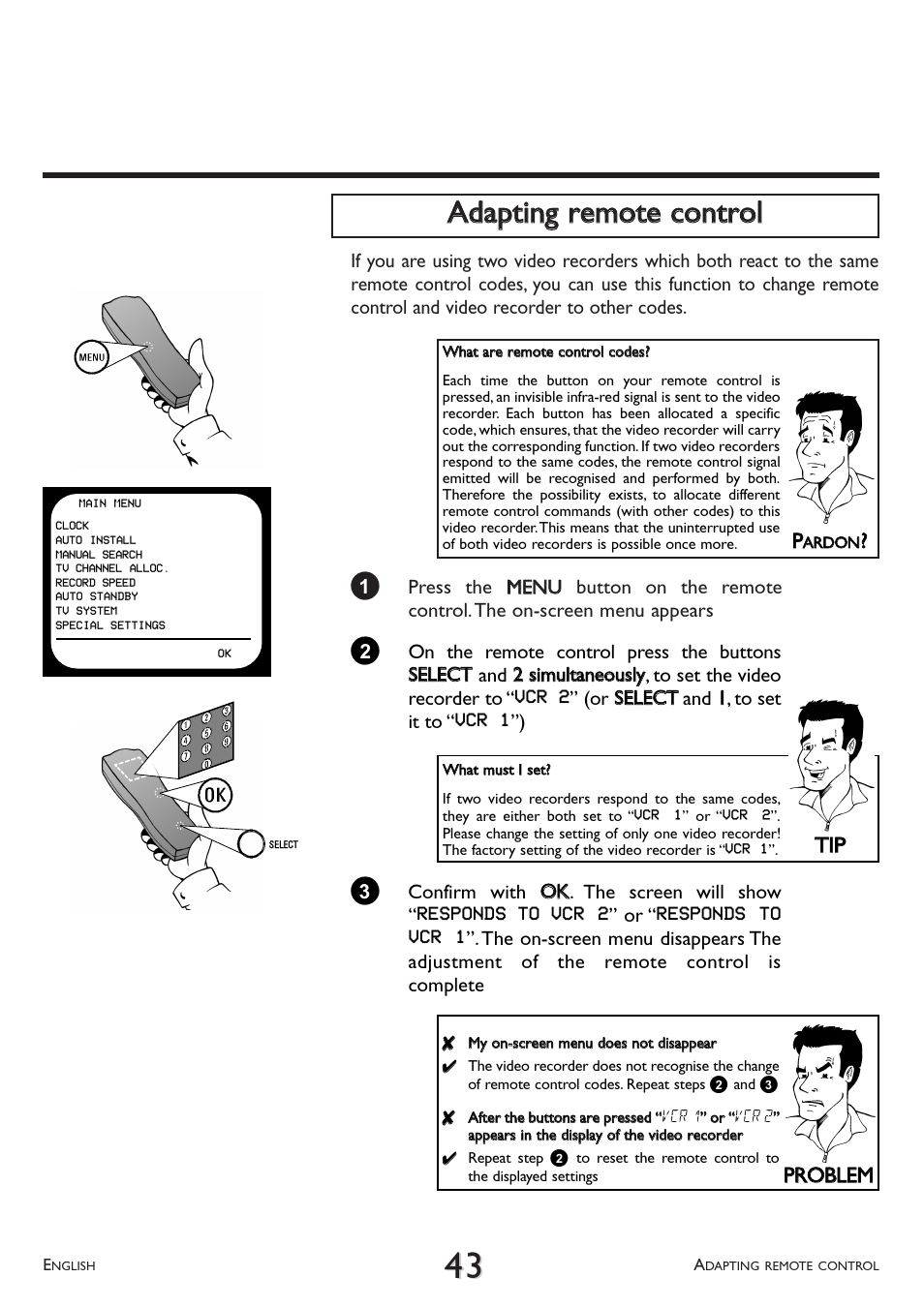 Aaddaappttiinngg rreem moottee ccoonnttrrooll, T tiipp, Pprro obblleem m | Philips VR 617/07 User Manual | Page 43 / 52