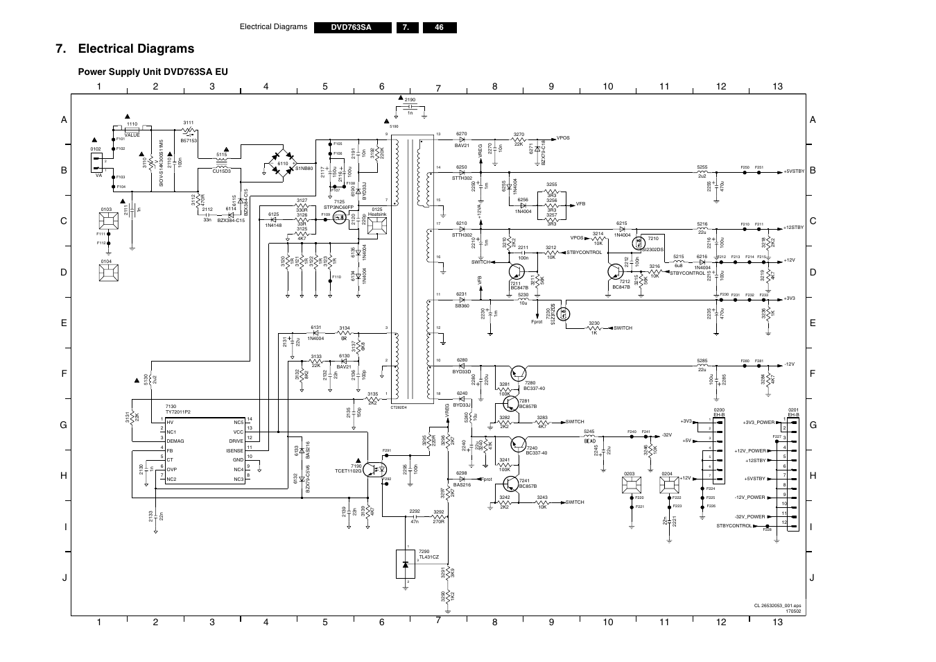 Electrical diagrams, Power supply unit dvd763sa eu | Philips DVD763SA/001 User Manual | Page 31 / 64