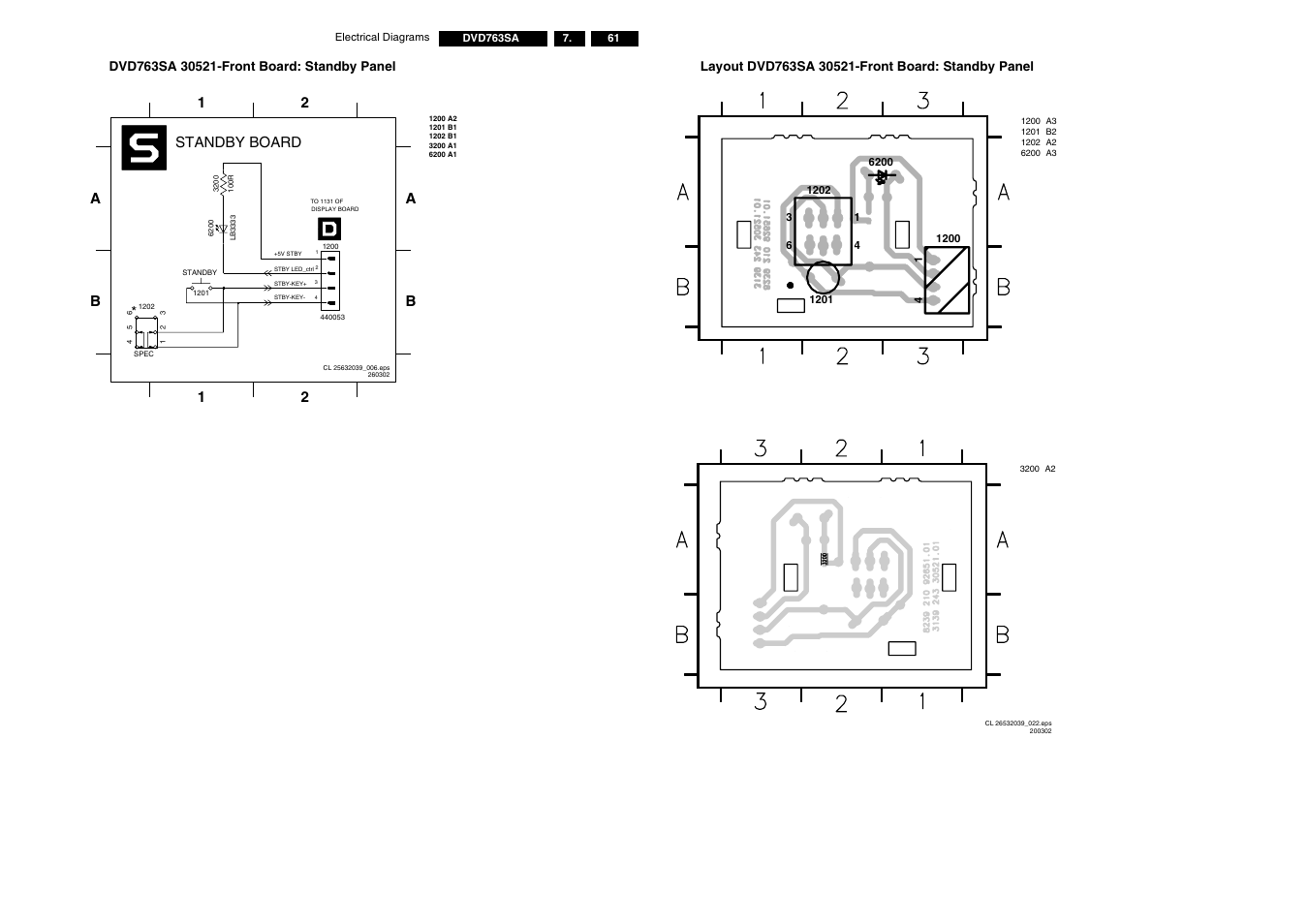 Dvd763sa 30521-front board: standby panel, Layout dvd763sa 30521-front board: standby panel, Standby board b a b | 2a 1 2 1 | Philips DVD763SA/001 User Manual | Page 46 / 64