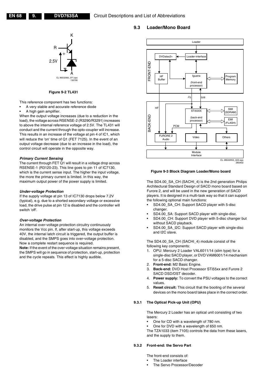 Figure 9-2 tl431, Primary current sensing, Under-voltage protection | Over-voltage protection, 3 loader/mono board, Figure 9-3 block diagram loader/mono board, 1 the optical pick-up unit (opu), 2 front-end: the servo part | Philips DVD763SA/001 User Manual | Page 53 / 64