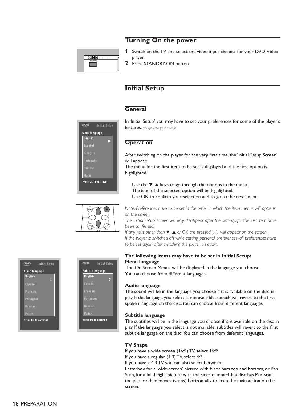 Turning on the power, Initial setup, General | Operation, Preparation, Press standby-on button | Philips 711 User Manual | Page 15 / 32