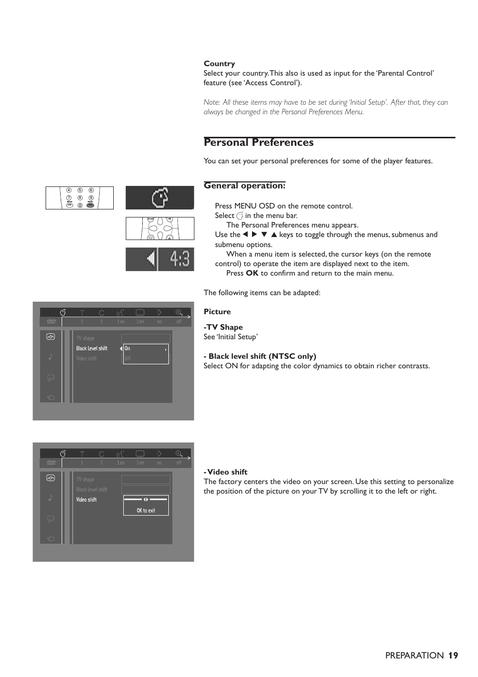 Personal preferences, General operation, Preparation | Press menu osd on the remote control | Philips 711 User Manual | Page 16 / 32