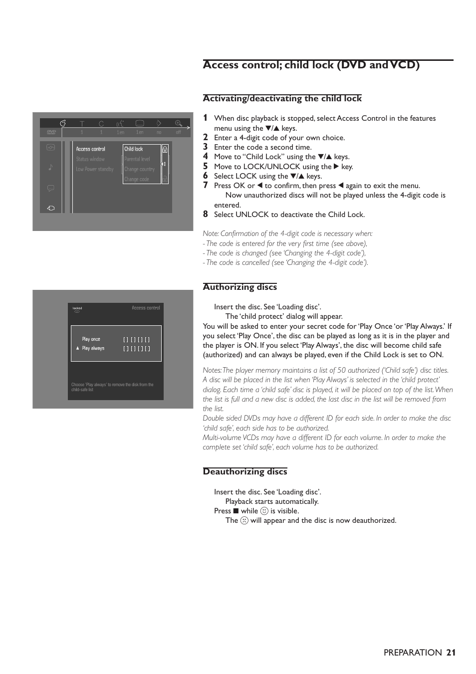 Access control; child lock (dvd and vcd) | Philips 711 User Manual | Page 18 / 32