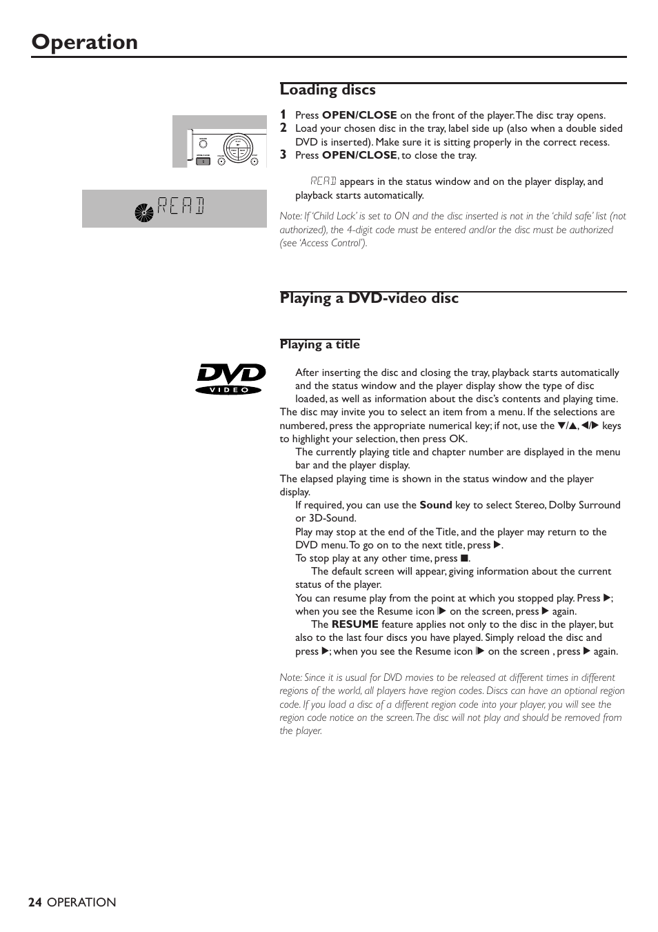 Operation, Loading discs, Playing a dvd-video disc | Playing a title | Philips 711 User Manual | Page 21 / 32