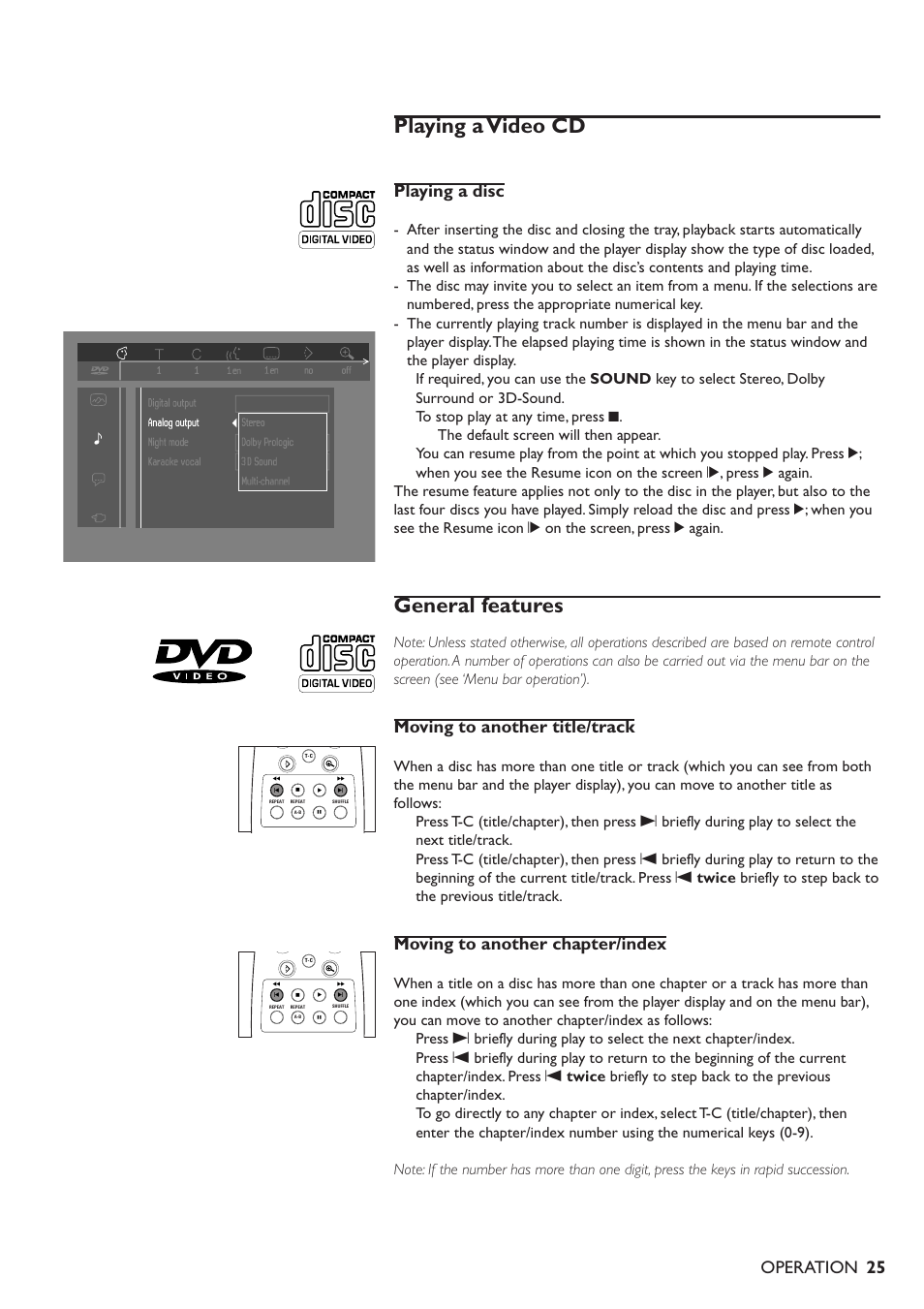 Playing a video cd, General features, Playing a disc | Moving to another title/track, Moving to another chapter/index, Operation | Philips 711 User Manual | Page 22 / 32