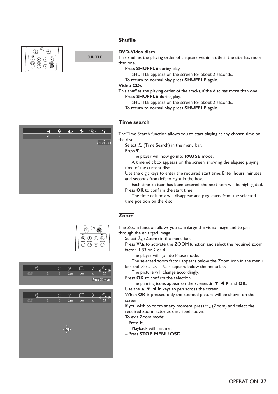 27 shuffle, Time search, Zoom | Operation, Select h (time search) in the menu bar, Select a (zoom) in the menu bar | Philips 711 User Manual | Page 24 / 32