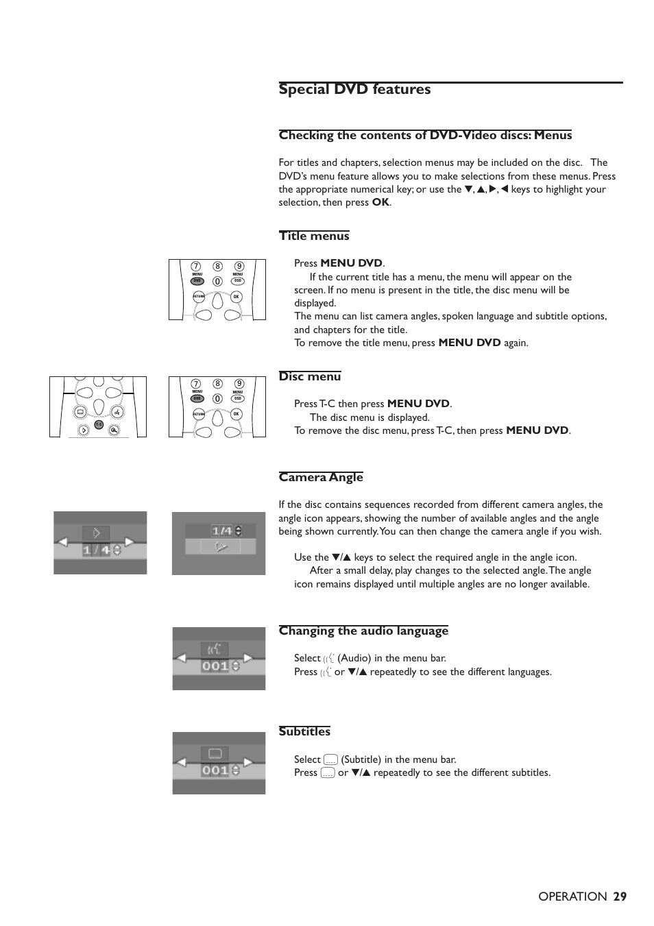 Special dvd features, Checking the contents of dvd-video discs: menus, Title menus | Disc menu, Camera angle, Changing the audio language, Subtitles, Operation, Select y (audio) in the menu bar, Select z (subtitle) in the menu bar | Philips 711 User Manual | Page 26 / 32