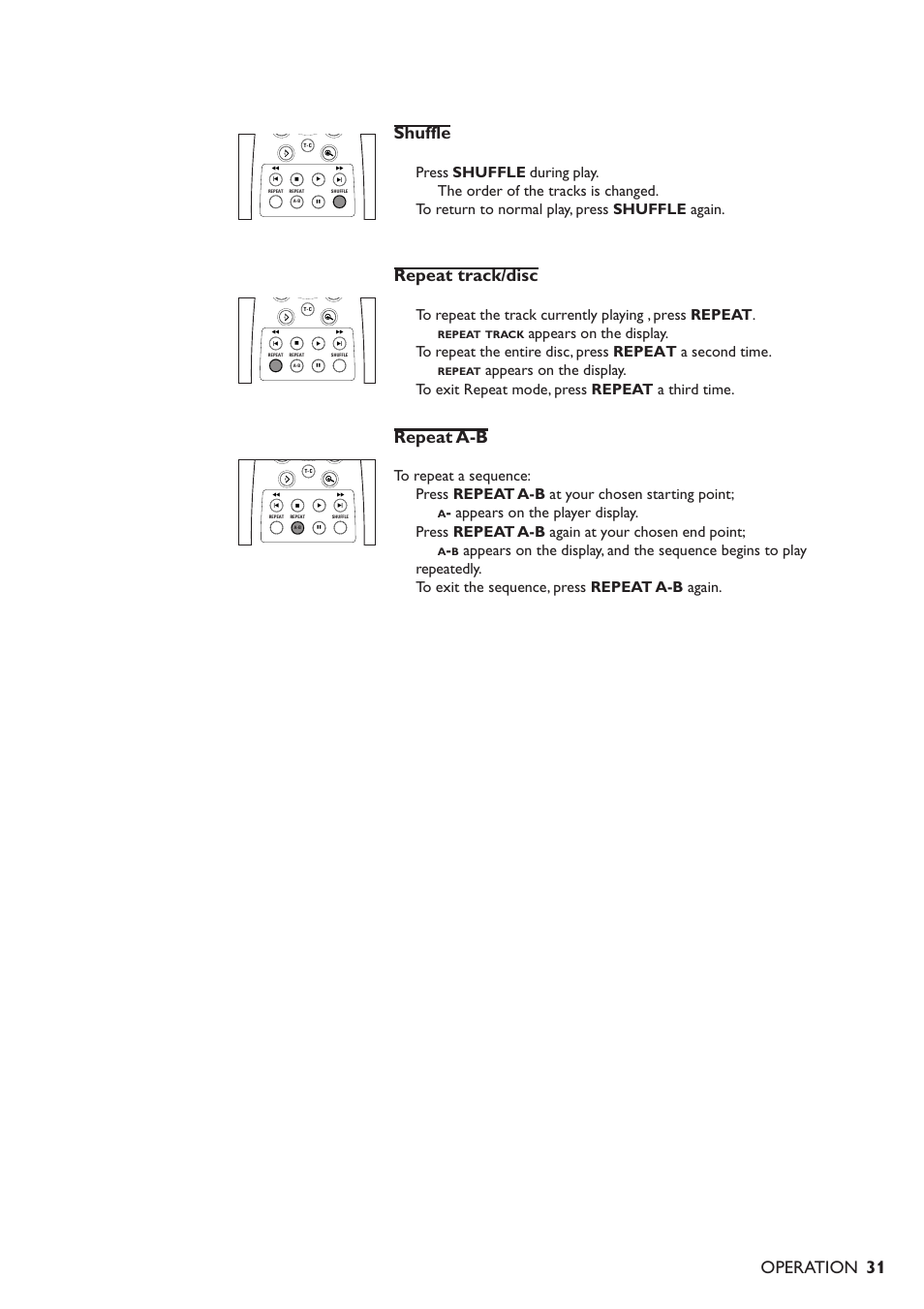 31 shuffle, Repeat track/disc, Repeat a-b | Operation, Appears on the display, Press repeat a-b at your chosen starting point, Appears on the player display, Press repeat a-b again at your chosen end point | Philips 711 User Manual | Page 28 / 32