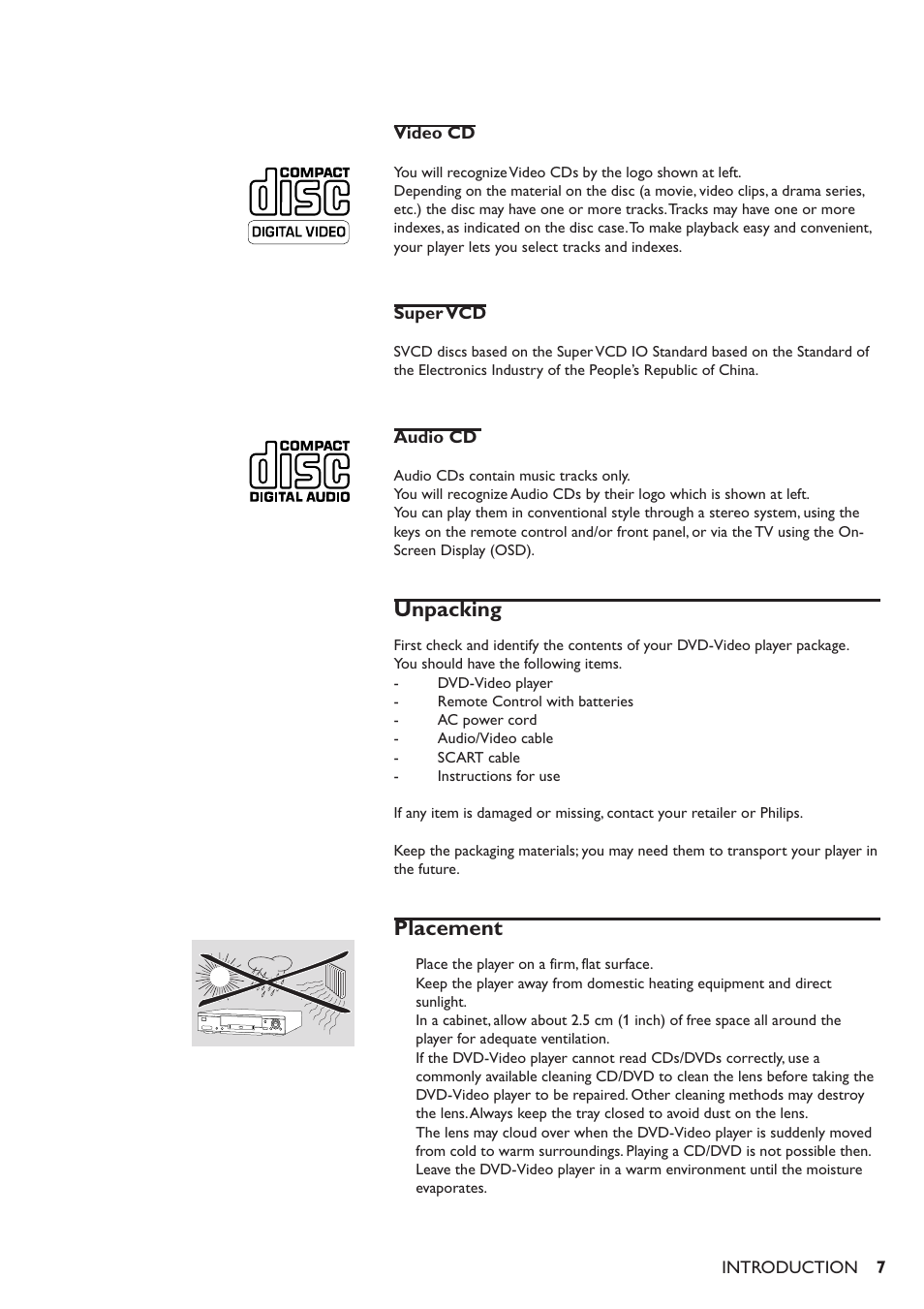 Unpacking, Placement | Philips 711 User Manual | Page 4 / 32