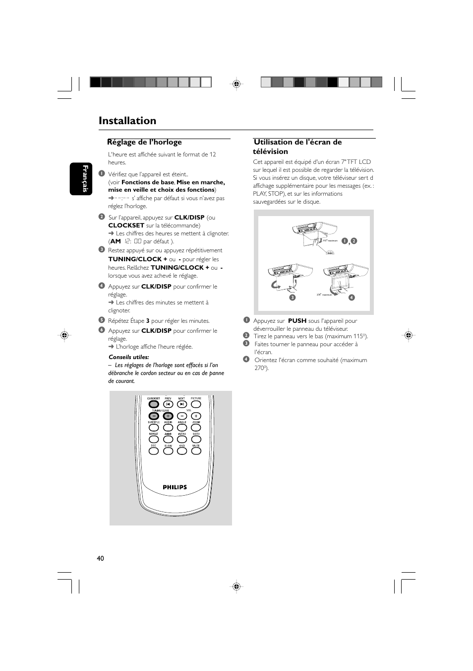 Installation, Réglage de l’horloge, Utilisation de l'écran de télévision | Philips AJL 700 User Manual | Page 13 / 31