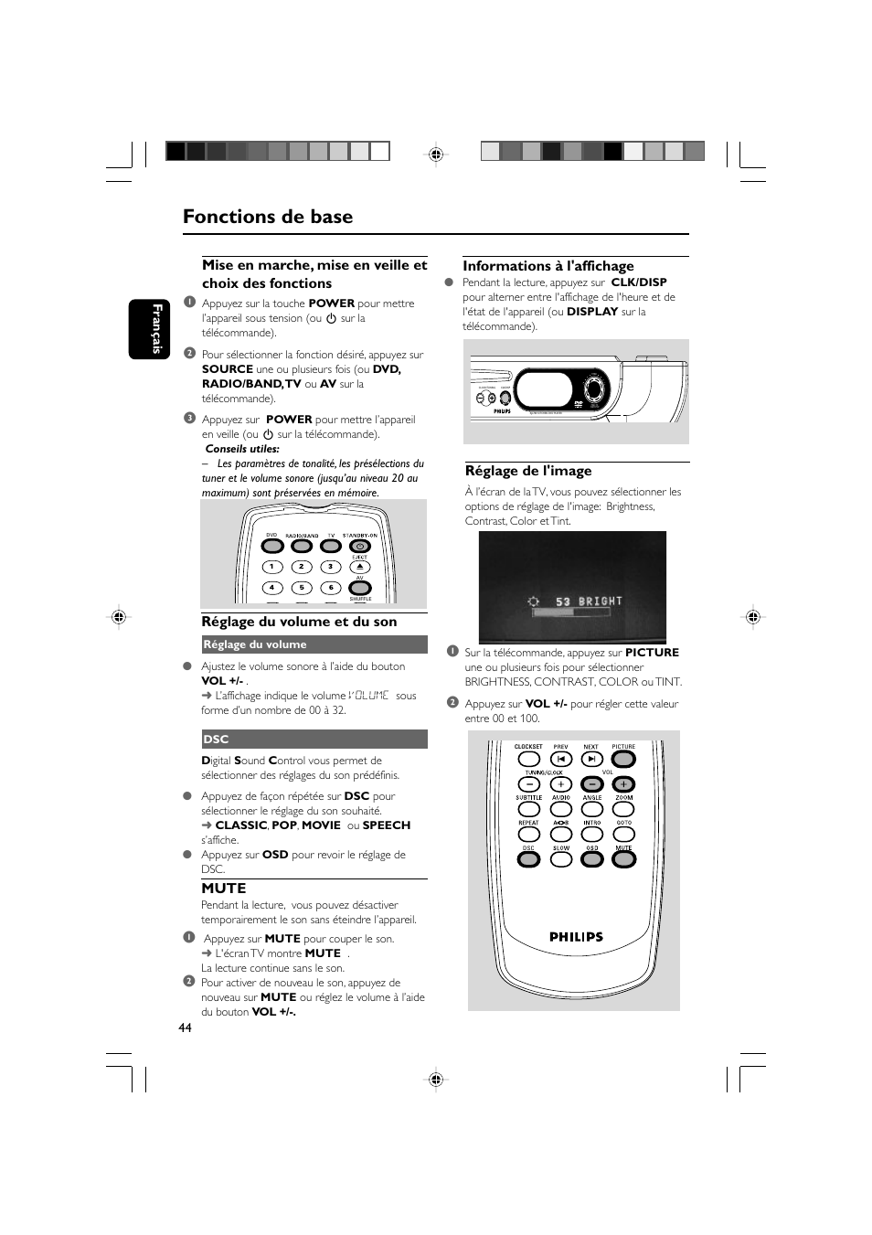 Fonctions de base, Réglage de l'image, Informations à l'affichage | Réglage du volume et du son, Mute, 44 f rançais | Philips AJL 700 User Manual | Page 17 / 31
