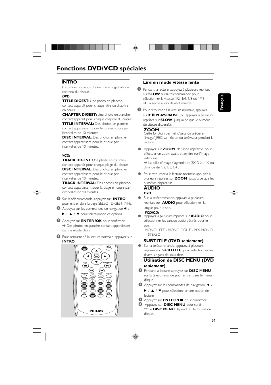 Fonctions dvd/vcd spéciales, Intro, Lire en mode vitesse lente 1 | Zoom audio, Subtitle (dvd seulement ), Utilisation de disc menu (dvd seulement ) 1 | Philips AJL 700 User Manual | Page 24 / 31
