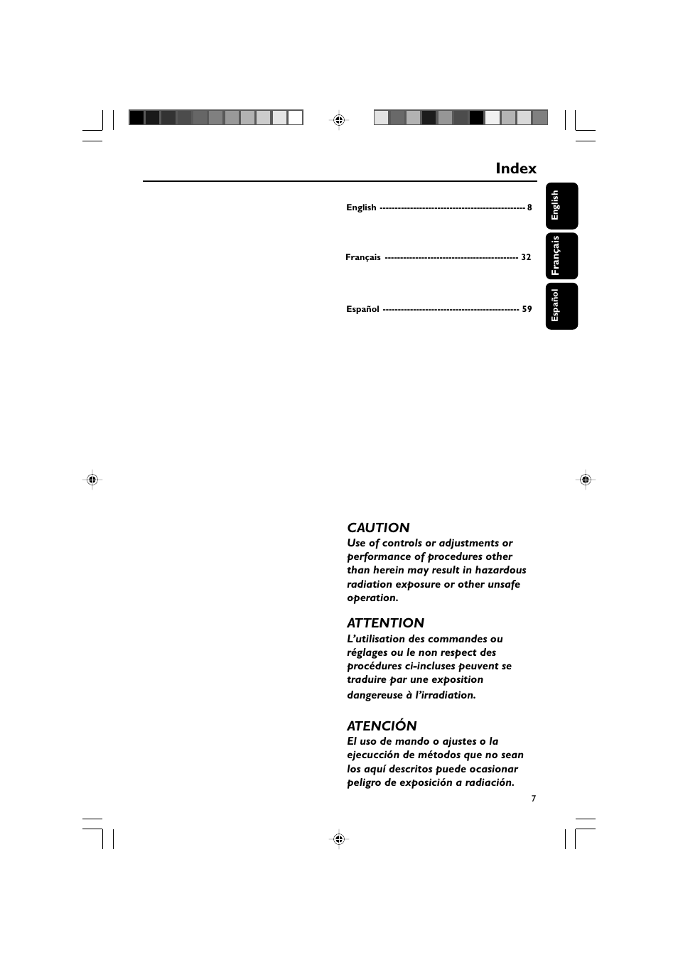 Index, Caution, Attention | Atención | Philips AJL 700 User Manual | Page 4 / 31