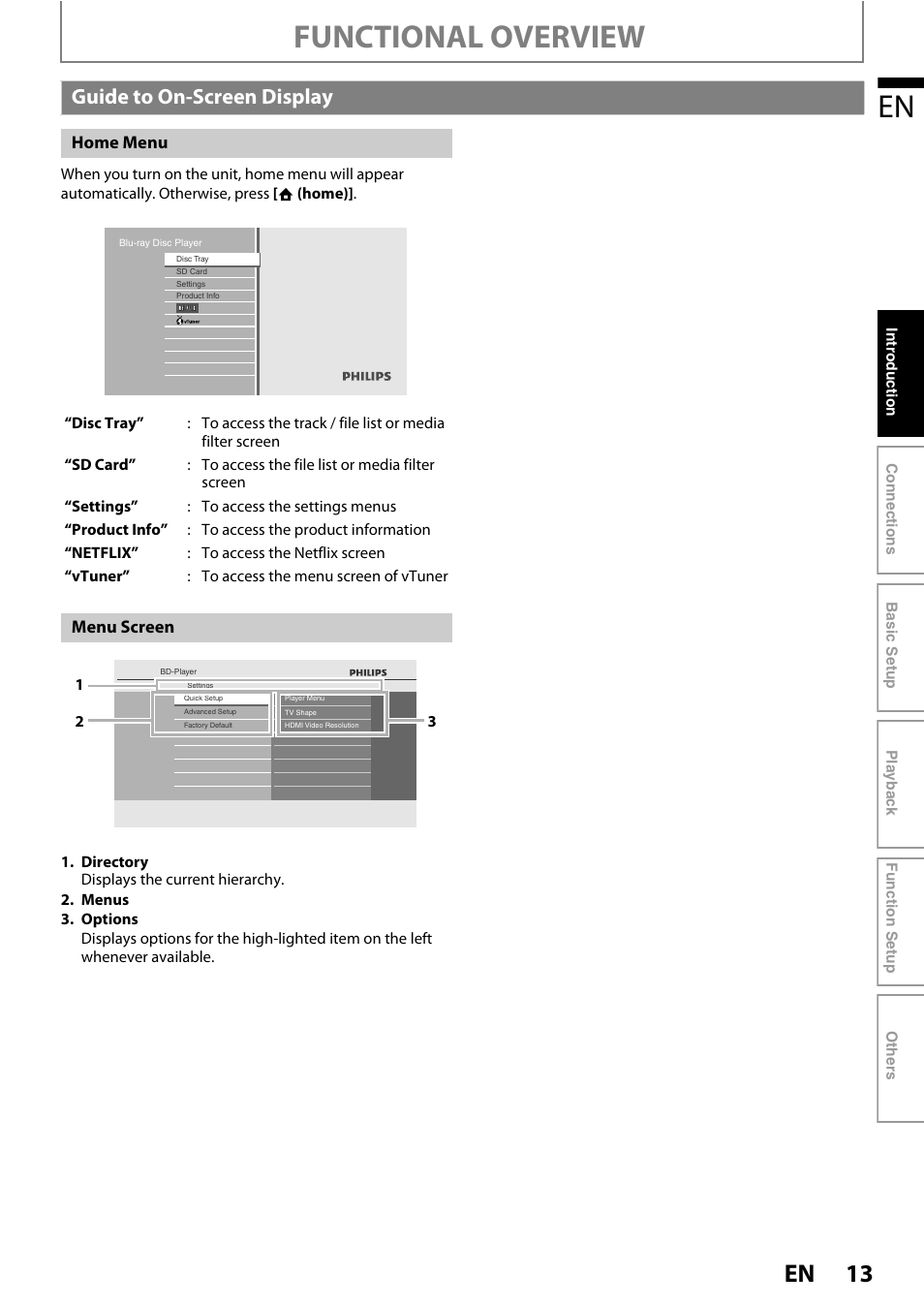 Guide to on-screen display, Functional overview | Philips BDP5110/F7 User Manual | Page 13 / 60