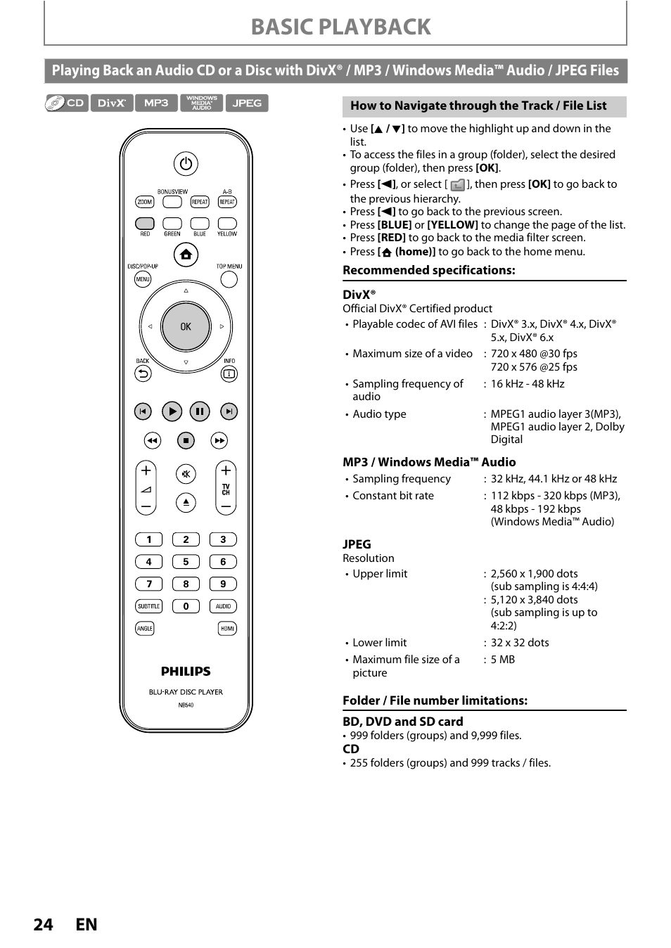 Playing back an audio cd or a disc with divx, Mp3 / windows media™ audio / jpeg files, Basic playback | Philips BDP5110/F7 User Manual | Page 24 / 60