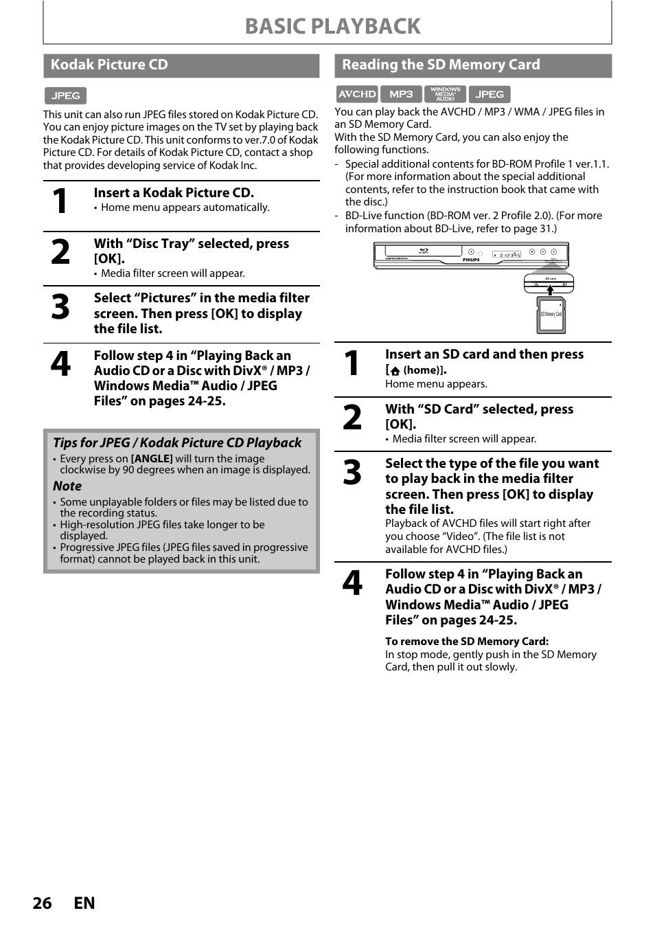 Kodak picture cd reading the sd memory card, Basic playback | Philips BDP5110/F7 User Manual | Page 26 / 60
