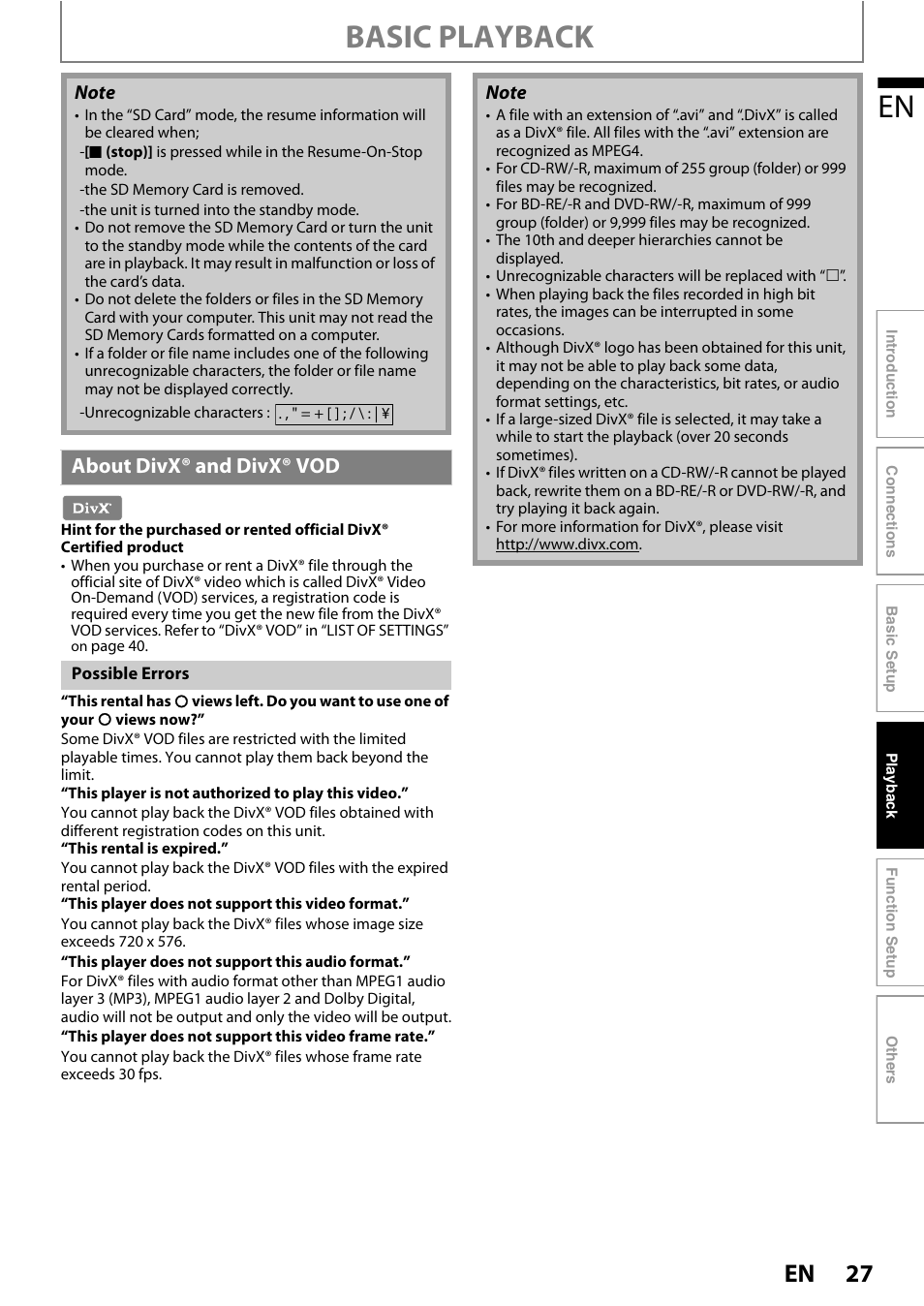 About divx® and divx® vod, Basic playback | Philips BDP5110/F7 User Manual | Page 27 / 60